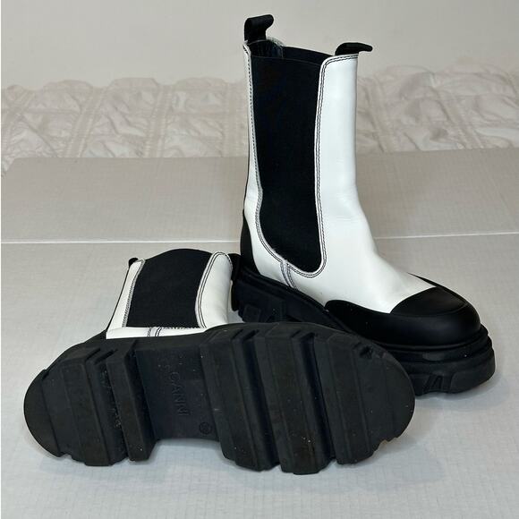Ganni Women's White Black Leather Chelsea Calf high Platform Boots Size 38 - Picture 10 of 14